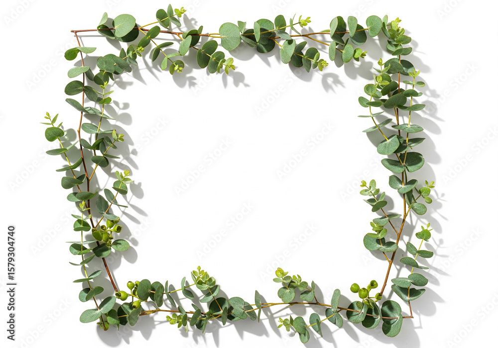 Fototapeta premium Delicate square frame is artfully constructed from fresh green eucalyptus branches and leaves, offering ample copy space against bright white background