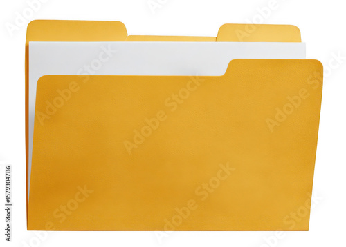 a yellow file folder with white paper, isolated on a transparent background, png, transparent