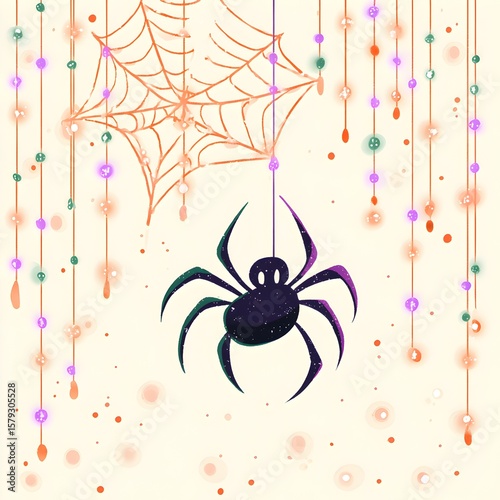 Spooky Halloween spider web and cute spider hanging from a thread illustration