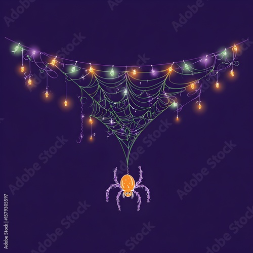 Spooky Halloween Spider Web with Lights Illustration on Purple Background