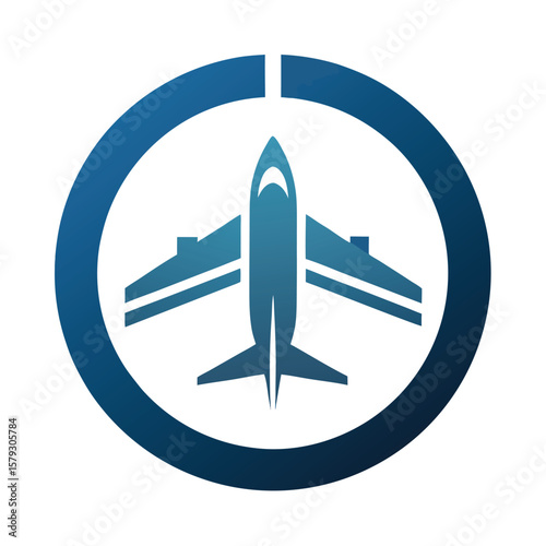 A circular flight icon with a plane silhouette in motion, representing travel.