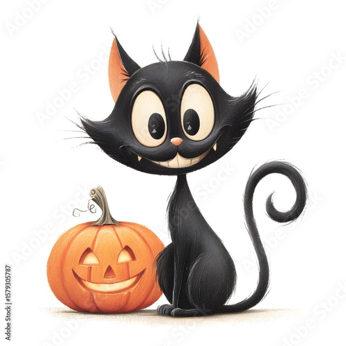 Whimsical Halloween Black Cat with Jack O'Lantern Illustration for Festive Fun