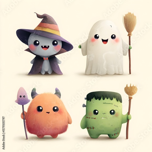 Whimsical Halloween Character Collection Featuring a Vampire, Ghost, Monster, and Frankenstein