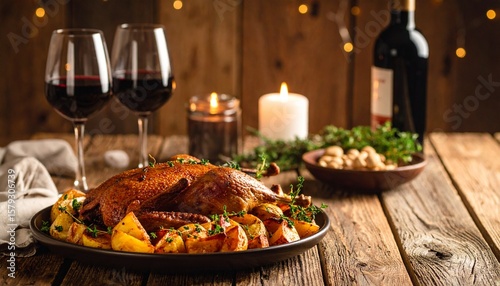 Roasted duck with potatoes on a plate, accompanied by red wine, candle light, and a wooden background, creating a festive dinner scene.