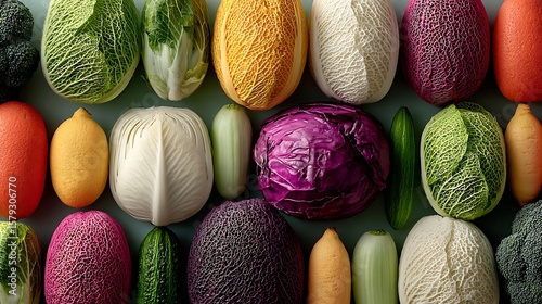 Minimal clean white background with evenly spaced produce of various shapes and colors