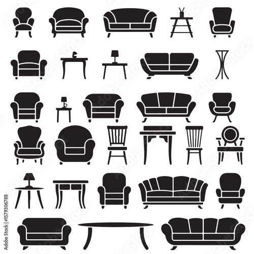 black vector various style furniture silhouettes SET	
