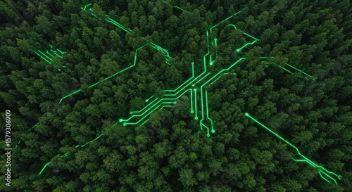 Aerial view of a digital circuit pattern across a vast forest