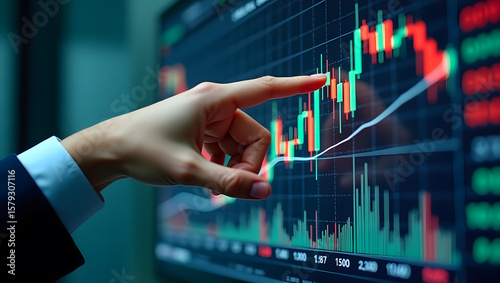 Business hand pointing at stock market chart with candlestick data, rising trend, ideal for forex, crypto, trading, and analytics use.