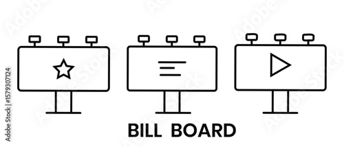 Empty billboard icon for banner, advertising poster template design. Blank billboard icon isolated on white background. Silhouette of billboard vector symbol with light. Vector illustration.