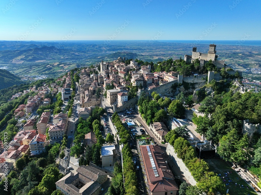 Fototapeta premium Aerial view of San Marino also known as the Most Serene Republic of San Marino an enclaved microstate surrounded by Italy, situated on the Italian Peninsula on the northeastern side of the Apennines
