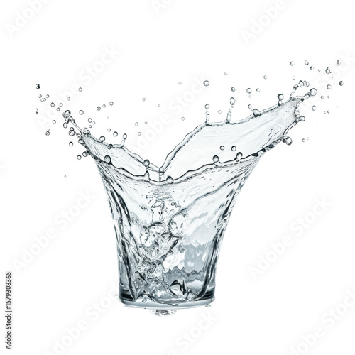 Dynamic water splash frozen in time with clear droplets and flowing streams against a clean white background, high-speed photography, no shadows, pure and translucent, concept of refreshment and