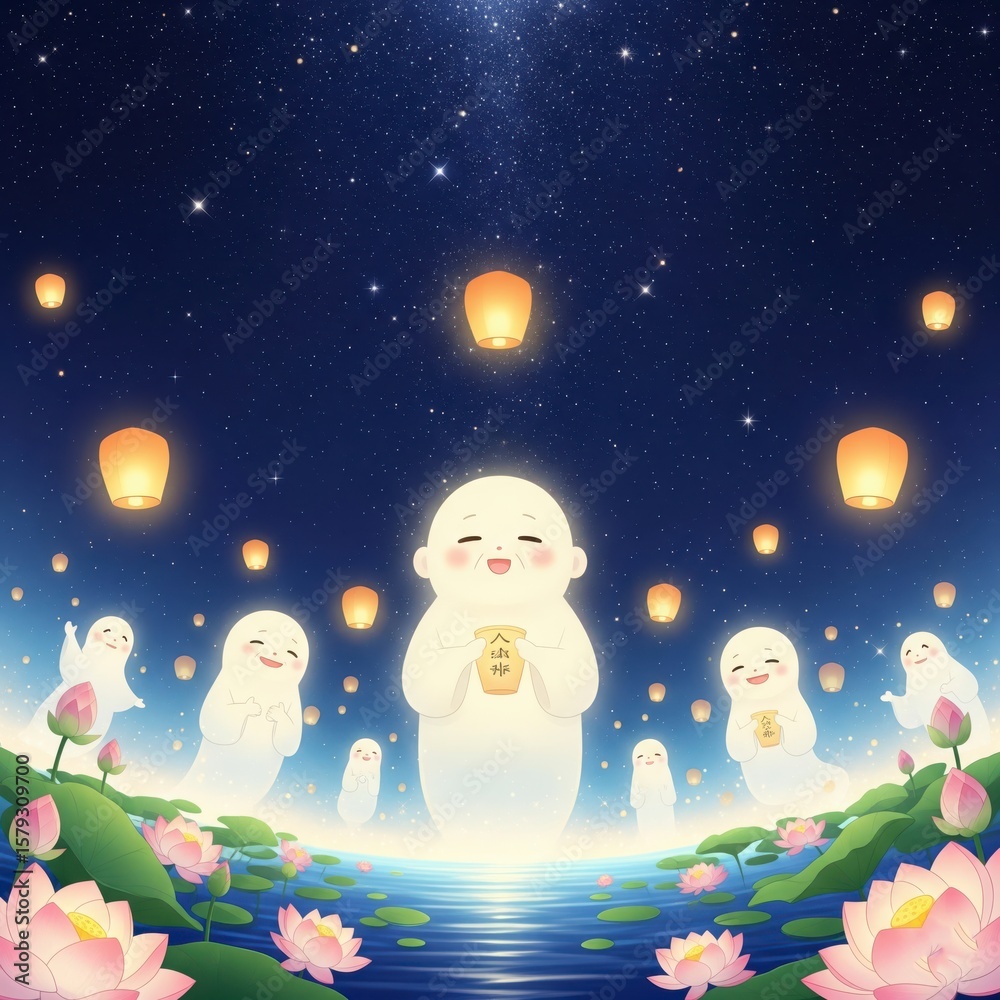 Obraz premium A beautiful scene for an Asian ghost festival like Obon, with ancestor spirits and floating lanterns bringing peace and light 