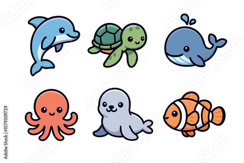 Vector Icons of Cute Baby Sea Animals