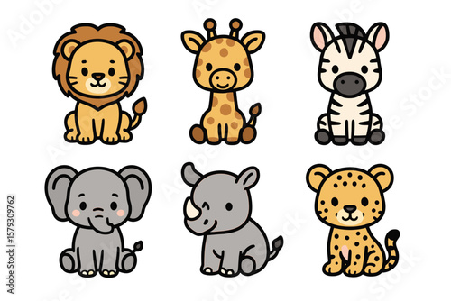 Cute Vector Icons of Safari Baby Animals