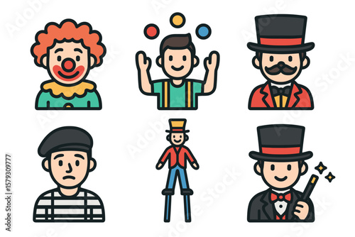 Vector Illustration of Carnival and Circus Character Icons

