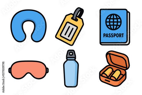 Vector Icons of Travel Essentials and Comfort Accessories