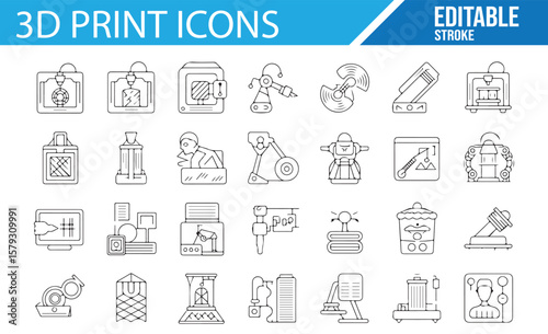 Editable Stroke 3D Print Icons, Printing Technology and Manufacturing Tools for Design Projects

