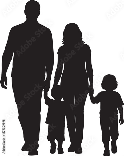 Silhouette of a Family Walking Together Holding Hands.