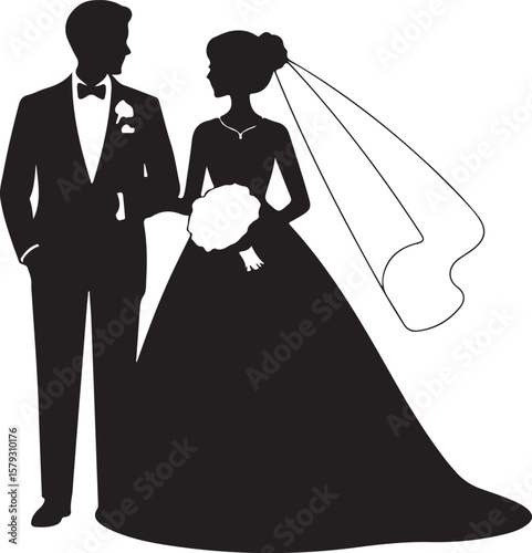 Elegant Bride and Groom Silhouette Vector Illustration for Marriage