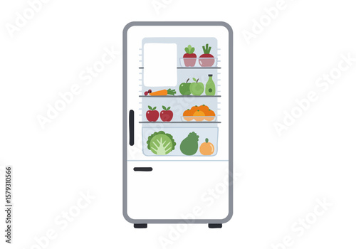 A clean refrigerator showcases a variety of fresh fruits and vegetables. A note is visible on the door. Modern, appealing stock image.
