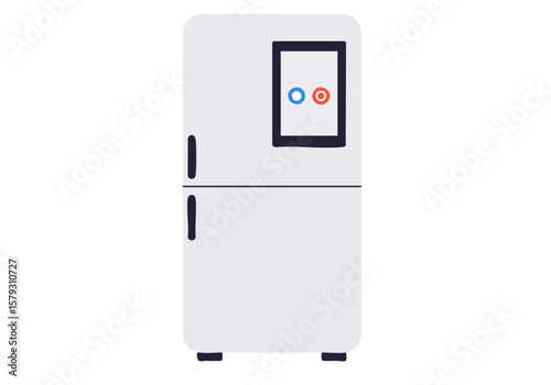 A stylized, modern refrigerator with a built-in touchscreen display. Clean, flat design illustration. Suitable for tech, lifestyle, and business concepts.