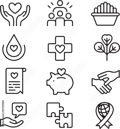 Heartfelt Charity Icons  Compassion, Support, and Giving Line Art Illustrations