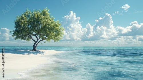 Tranquil island scene with pristine sandy shores, crystal-clear waters, and a solitary tree.