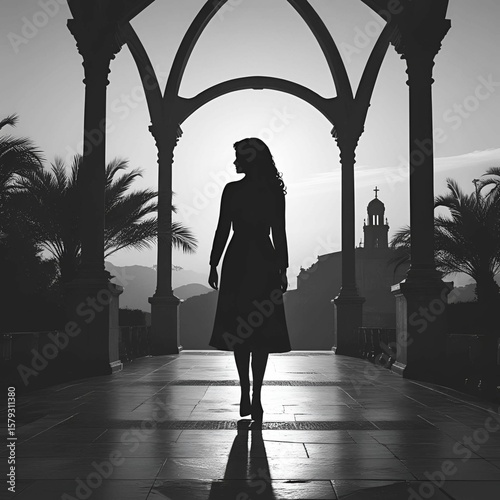 Silhouette of a woman standing in an archway with a church steeple in the background, captured in black and white during sunrise or sunset, evoking a sense of mystery and elegance