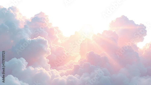 Close up view of fluffy clouds with pink and blue hues and a bright light source behind them on transparent background