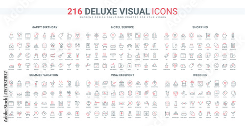 Hotel and room service, direction to summer vacation and attractions, travel document line icon set. Wedding banquet in a restaurant and cake thin black and red outline symbols vector illustration
