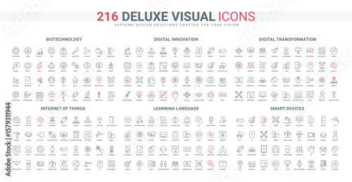 Smart home devices and IOT control, digital transformation and innovation of AI automation, digitalization line icon set. Language learning thin black and red outline symbols vector illustration