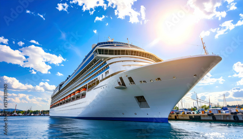Majestic White Cruise Ship Docked in Sunny Blue Harbor Under Bright Sky