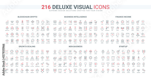 Business project growth, blockchain startup, finance assets, income and savings line icon set. Scaling and measurement, managers intelligence thin black and red outline symbols vector illustration