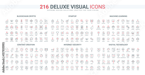 AI technology and data protection, blockchain line icons set. Connection support and security, online blogging and vlogging, smart home and robot thin black and red outline symbols vector illustration