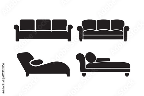Collection of black silhouette sofas and chaise lounges on white background