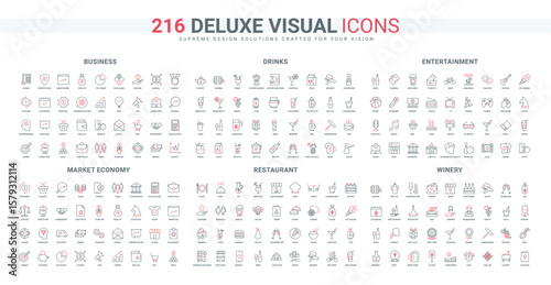 Restaurant menu, entertainment and ticket, market economy line icon set. Wine production, glass bottle of alcohol and corkscrew, decanter thin black and red outline symbols vector illustration