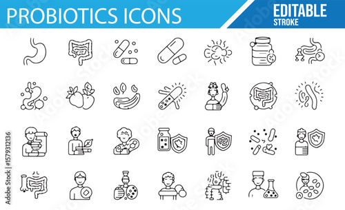 Digital Probiotics Icons Set for Health and Wellness Projects, Editable Stroke