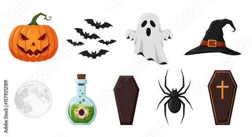 A collection of Halloween themed illustrations including a jack-o-lantern, bats, ghost, witch hat, moon, potion, coffins, and a spider, arranged in two rows.