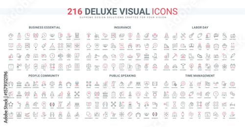 Time and business project management, labor day, insurance policy line icon set. Public presentation, business growth technology, community thin black and red outline symbols vector illustration