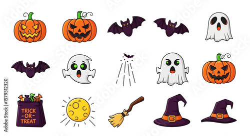 Cartoon Halloween icons featuring pumpkins, ghosts, bats, a witch's hat, and a trick-or-treat bag.