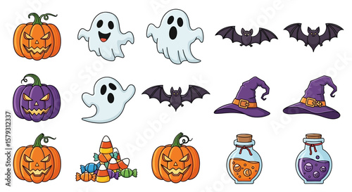 Cheerful Halloween cartoon icons: pumpkins, ghosts, bats, witch hats, candy, and potion bottles.