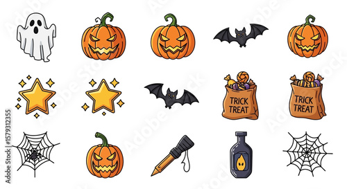 A collection of Halloween-themed cartoon illustrations featuring ghosts, pumpkins, bats, and other spooky elements.
