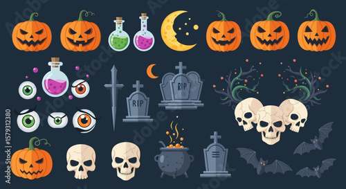 Halloween icons: pumpkins, skulls, potions, graveyard elements, and bats.