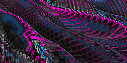 Futuristic waves abstract with vibrant neon colors and metallic texture. 3d render
