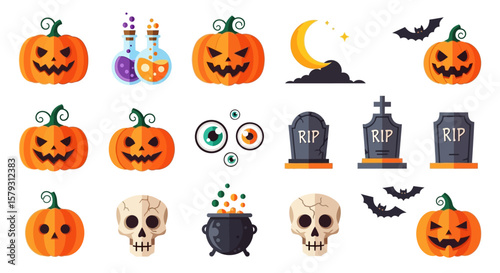 A collection of various Halloween-themed illustrations including pumpkins, skulls, and tombstones.