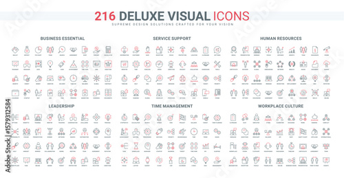 Leadership and team, business essentials and tools, workplace culture, HR vision line icon set. Questions and answers of support service thin black and red outline symbols vector illustration