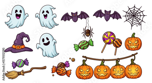 A collection of Halloween-themed cartoon illustrations featuring ghosts, bats, pumpkins, candies, a spider, a web, a witch's hat, and a broom, all isolated on a white background.