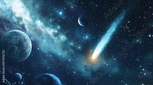 A digital illustration of a comet flying through space past planets and stars representing exploration and wonder