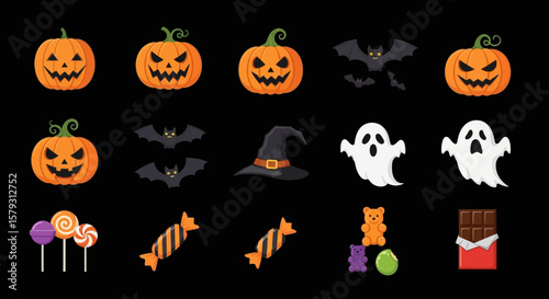Halloween icons: pumpkins, bats, ghosts, witch hat, candy.