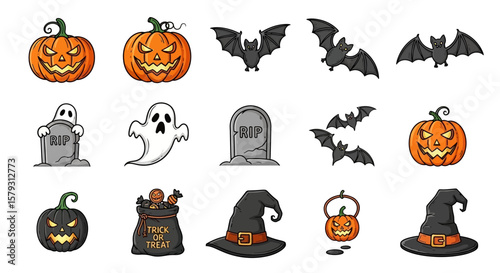 Collection of Halloween-themed illustrations featuring pumpkins, bats, ghosts, tombstones, and witch hats.